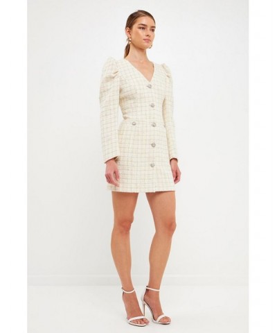 Women's Long-Sleeved Tweed Mini Dress Ivory $163.80 Dresses