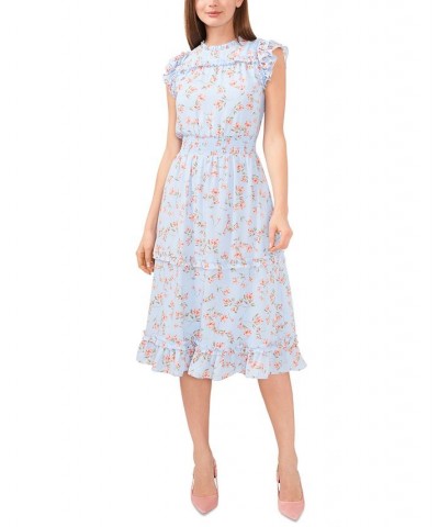 Women's Floral Print Smocked-Waist Midi Dress Blue $33.53 Dresses