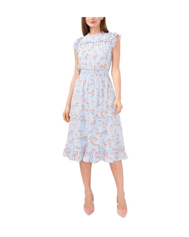 Women's Floral Print Smocked-Waist Midi Dress Blue $33.53 Dresses