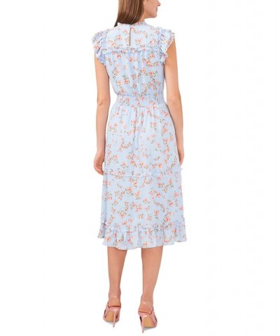 Women's Floral Print Smocked-Waist Midi Dress Blue $33.53 Dresses