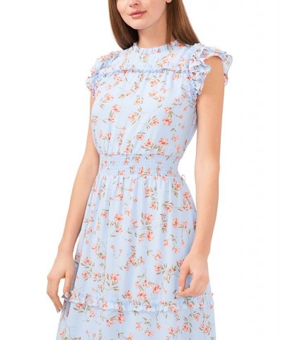 Women's Floral Print Smocked-Waist Midi Dress Blue $33.53 Dresses