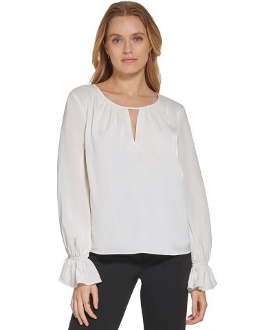 Satin Split-Neck Ruffled-Cuff Long-Sleeve Blouse Ivory/Cream $16.85 Tops