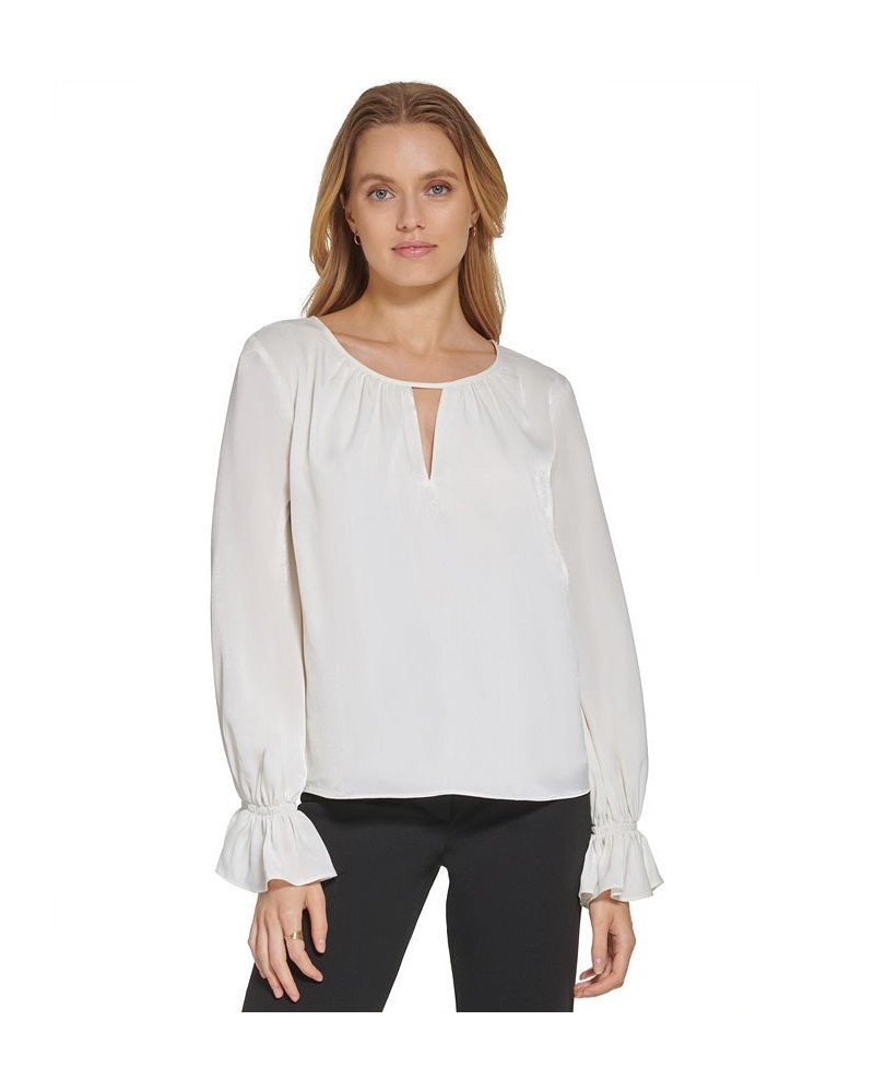 Satin Split-Neck Ruffled-Cuff Long-Sleeve Blouse Ivory/Cream $16.85 Tops