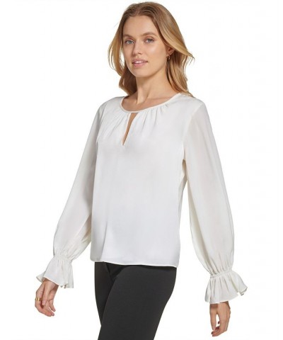 Satin Split-Neck Ruffled-Cuff Long-Sleeve Blouse Ivory/Cream $16.85 Tops