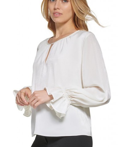 Satin Split-Neck Ruffled-Cuff Long-Sleeve Blouse Ivory/Cream $16.85 Tops