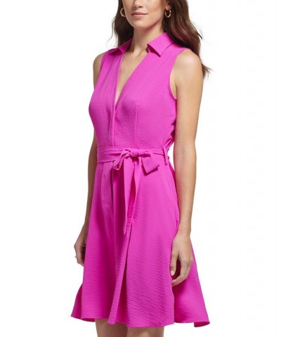 Women's Belted Fit & Flare Shirtdress Raspberry $60.48 Dresses