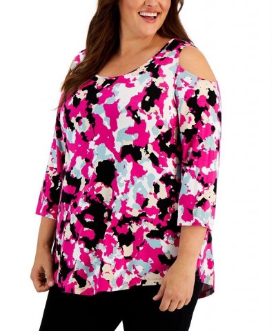 Plus Size Printed Cold-Shoulder Top Pink $15.39 Tops