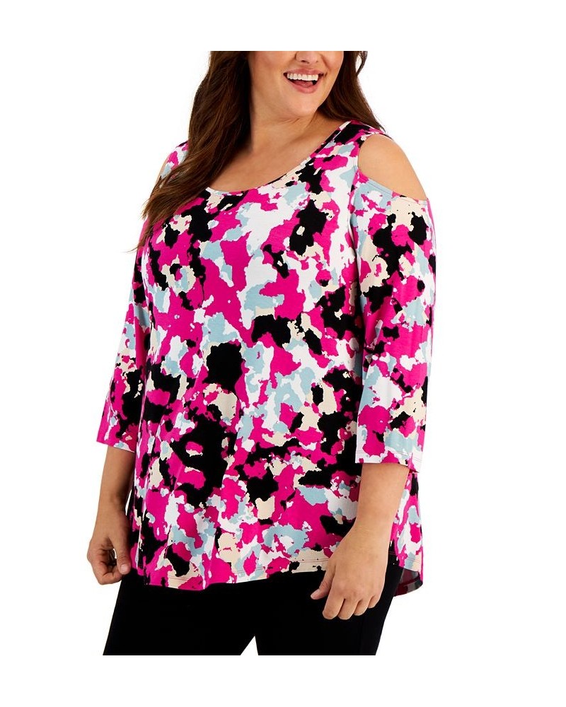 Plus Size Printed Cold-Shoulder Top Pink $15.39 Tops