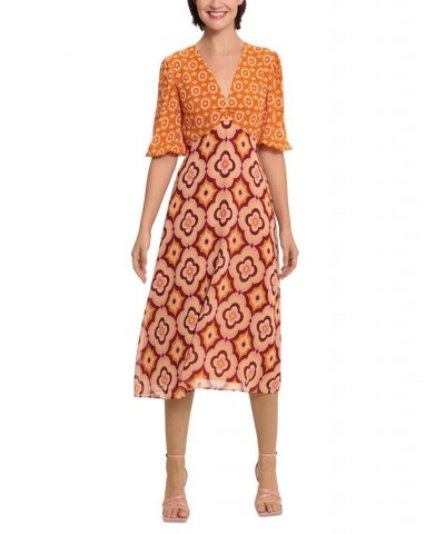 Women's Mixed-Print Elbow-Sleeve Midi Dress Cream/Pink $72.68 Dresses