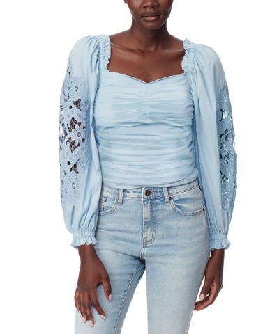 Women's Stevie Cotton Sweetheart-Neck Lace-Sleeve Top Blue $39.24 Tops