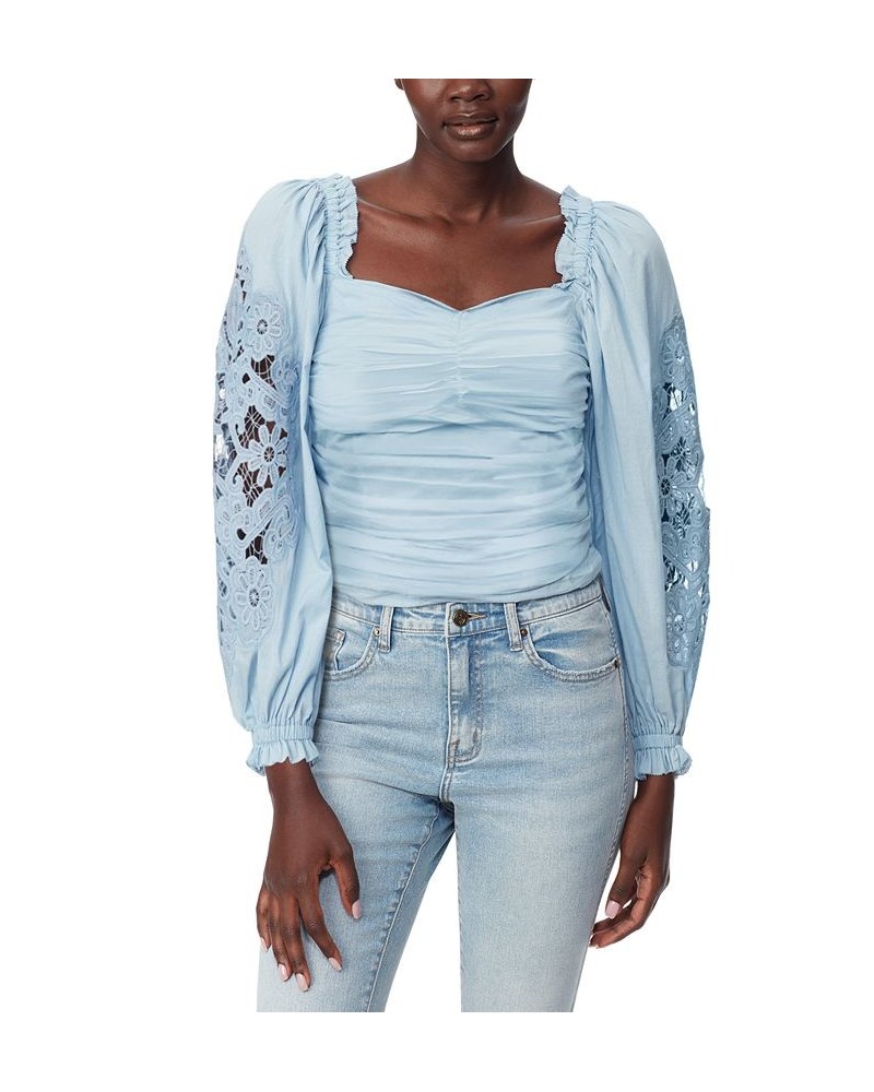 Women's Stevie Cotton Sweetheart-Neck Lace-Sleeve Top Blue $39.24 Tops