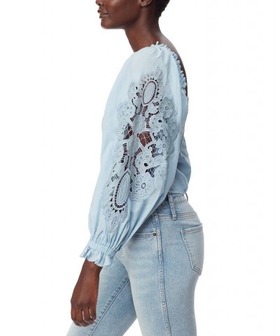 Women's Stevie Cotton Sweetheart-Neck Lace-Sleeve Top Blue $39.24 Tops