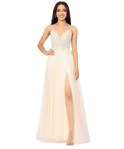 Juniors' Mesh Embroidered-Bodice Ball Gown Yellow $98.26 Dresses