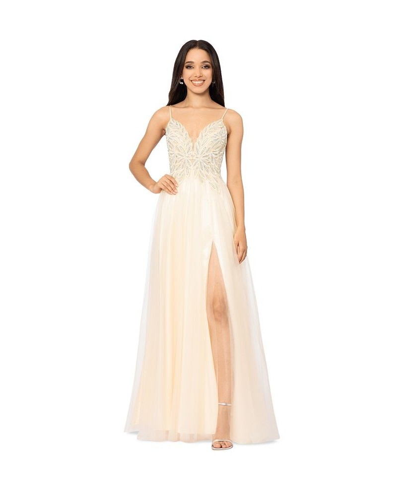 Juniors' Mesh Embroidered-Bodice Ball Gown Yellow $98.26 Dresses