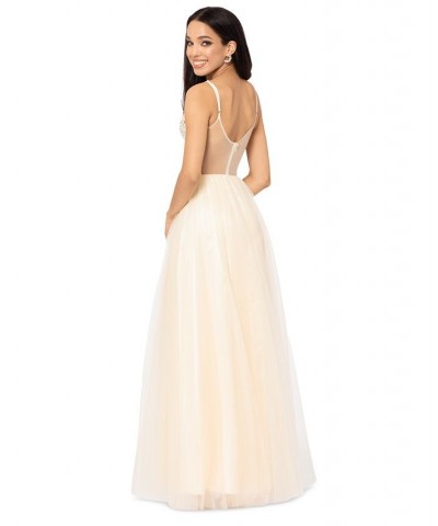 Juniors' Mesh Embroidered-Bodice Ball Gown Yellow $98.26 Dresses