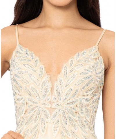 Juniors' Mesh Embroidered-Bodice Ball Gown Yellow $98.26 Dresses