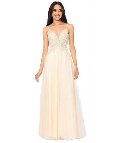 Juniors' Mesh Embroidered-Bodice Ball Gown Yellow $98.26 Dresses