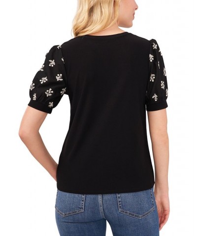 Women's Embroidered Puff-Sleeve Blouse Black $24.93 Tops