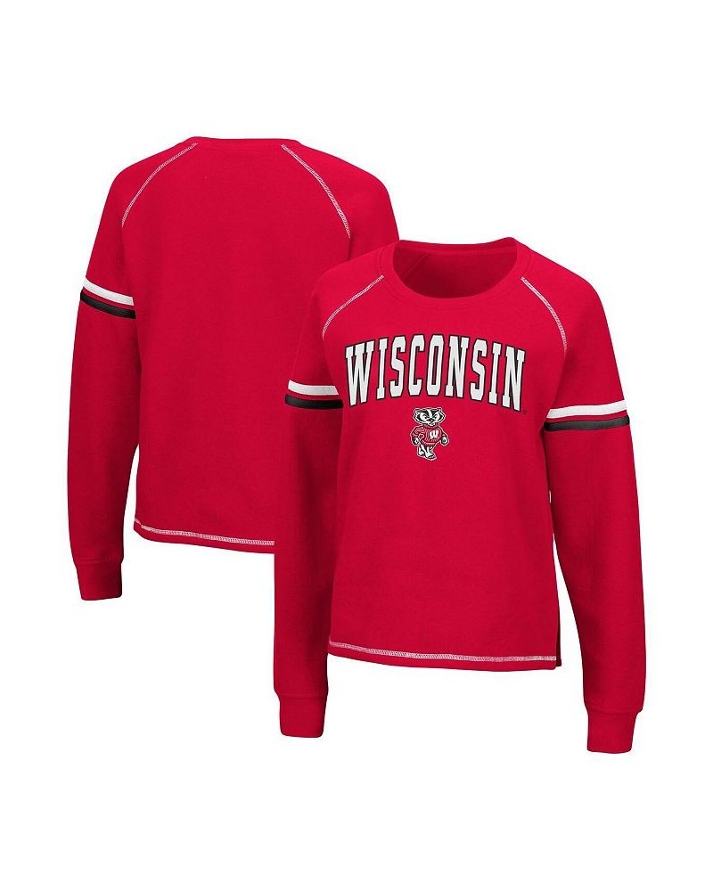 Women's Red Wisconsin Badgers Sweep Pass Sleeve Stripe Raglan Pullover Sweatshirt Red $25.85 Sweatshirts