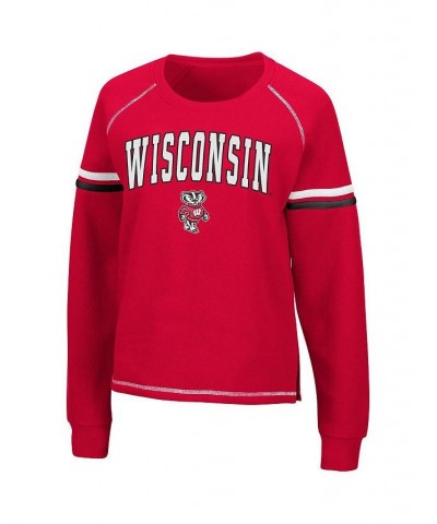 Women's Red Wisconsin Badgers Sweep Pass Sleeve Stripe Raglan Pullover Sweatshirt Red $25.85 Sweatshirts