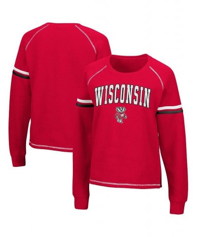 Women's Red Wisconsin Badgers Sweep Pass Sleeve Stripe Raglan Pullover Sweatshirt Red $25.85 Sweatshirts