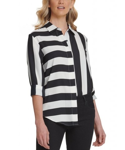 Mixed Stripe Button Down Shirt Black/Ivory $44.50 Tops