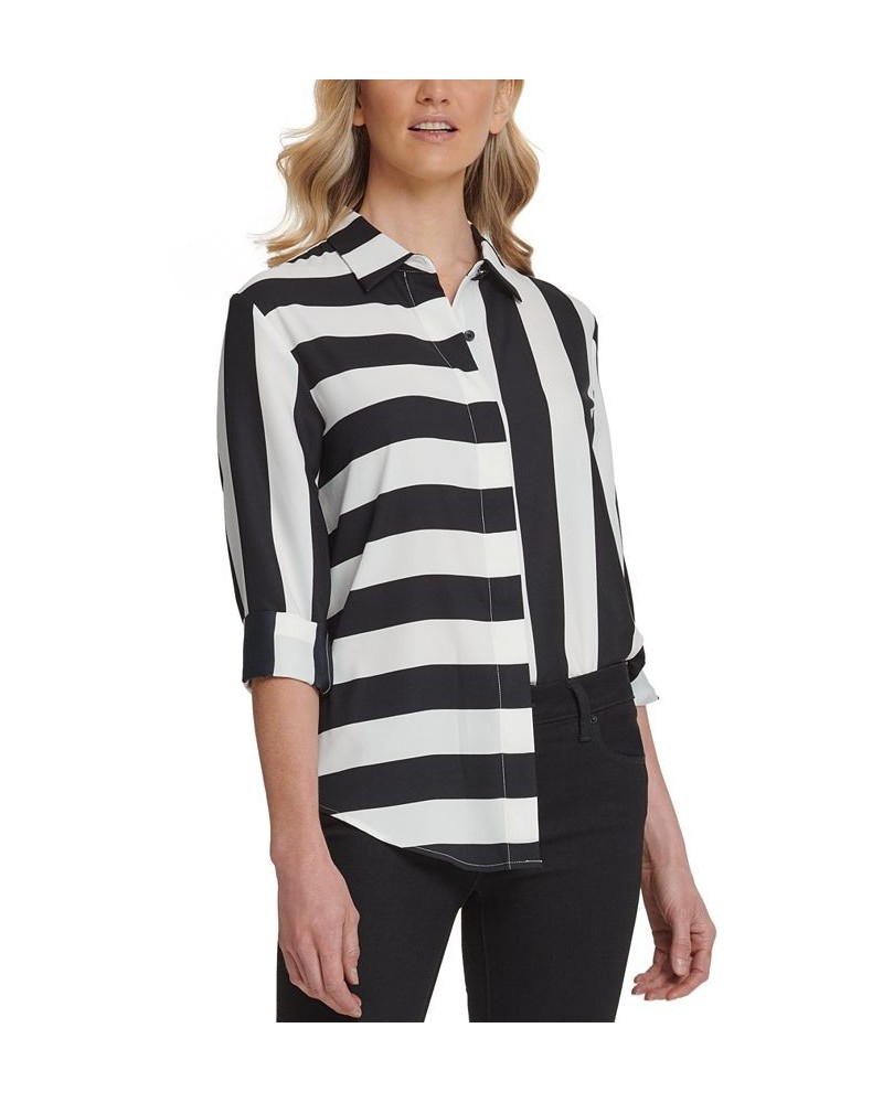 Mixed Stripe Button Down Shirt Black/Ivory $44.50 Tops