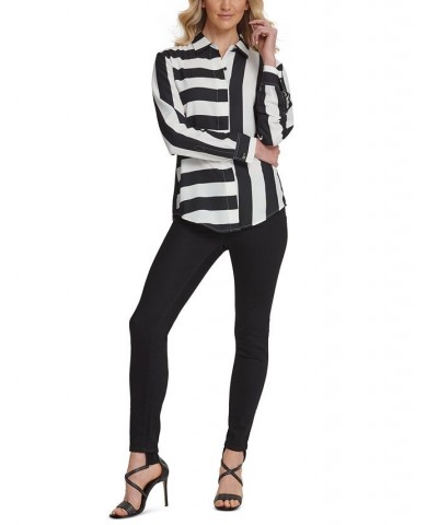 Mixed Stripe Button Down Shirt Black/Ivory $44.50 Tops