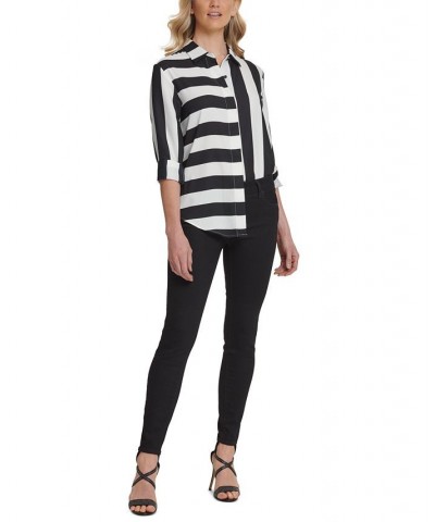 Mixed Stripe Button Down Shirt Black/Ivory $44.50 Tops