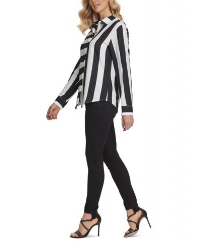 Mixed Stripe Button Down Shirt Black/Ivory $44.50 Tops