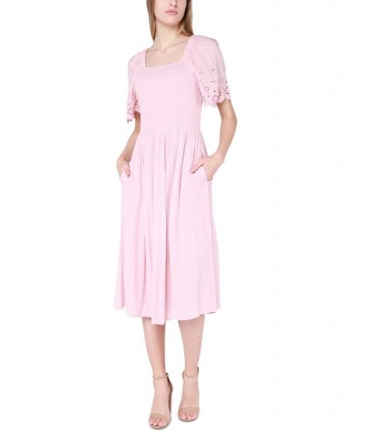 Women's Eyelet-Sleeve Smocked Midi Dress Pale Pink $31.74 Dresses