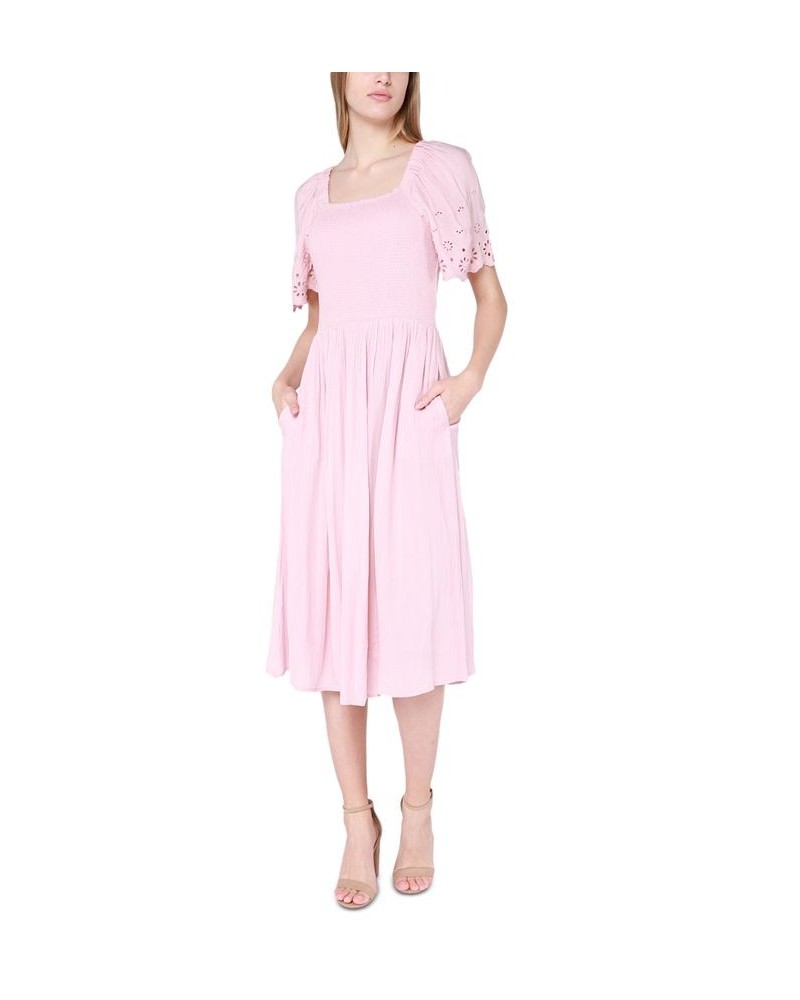 Women's Eyelet-Sleeve Smocked Midi Dress Pale Pink $31.74 Dresses