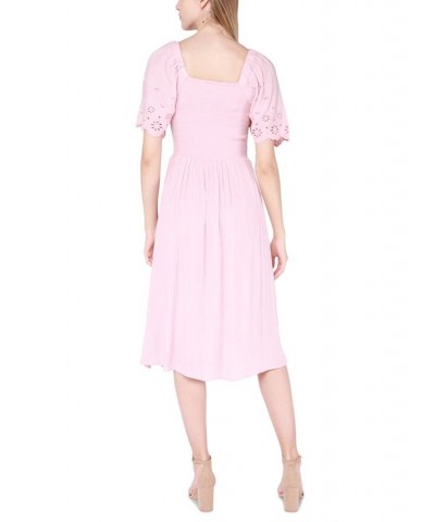 Women's Eyelet-Sleeve Smocked Midi Dress Pale Pink $31.74 Dresses