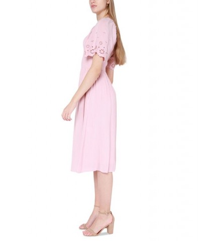 Women's Eyelet-Sleeve Smocked Midi Dress Pale Pink $31.74 Dresses