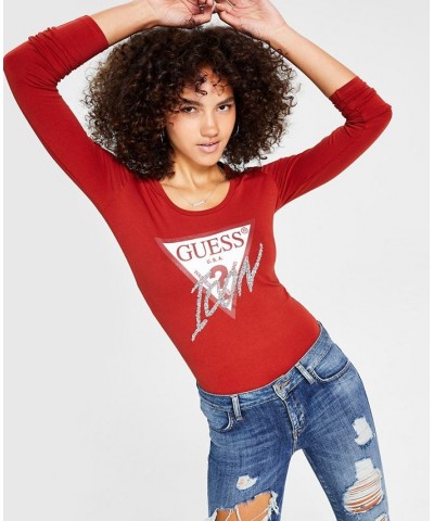 Women's Scoop-Neck Beaded Logo-Graphic T-Shirt Long Sleeve Top Red $15.76 Tops