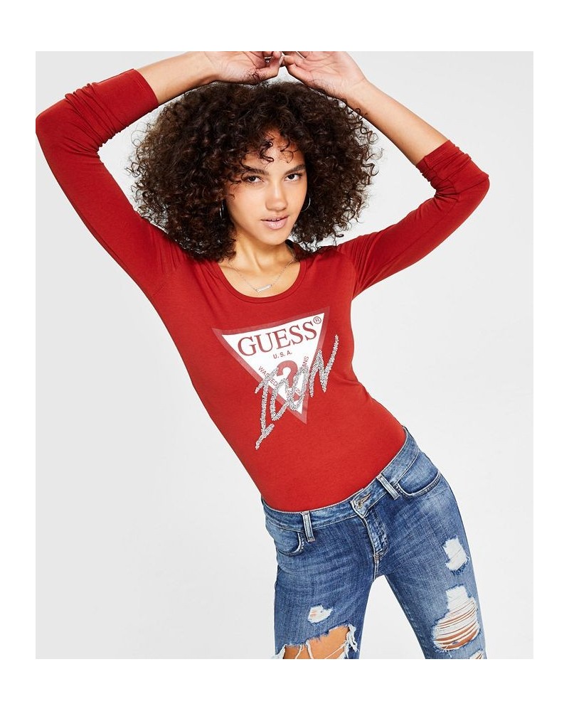 Women's Scoop-Neck Beaded Logo-Graphic T-Shirt Long Sleeve Top Red $15.76 Tops