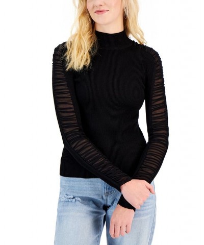 Juniors' Ruched Mesh-Sleeve Mock-Neck Sweater Black $17.99 Sweaters