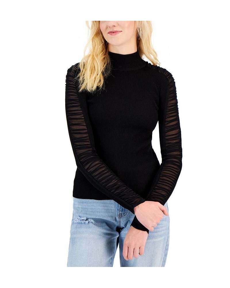 Juniors' Ruched Mesh-Sleeve Mock-Neck Sweater Black $17.99 Sweaters