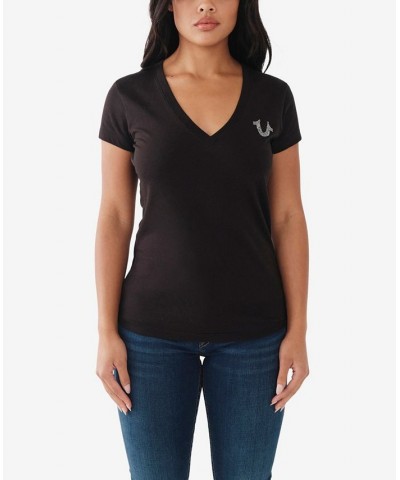 Women's Short Sleeve Crystal Logo V-Neck T-shirt Jet Black $20.81 Tops