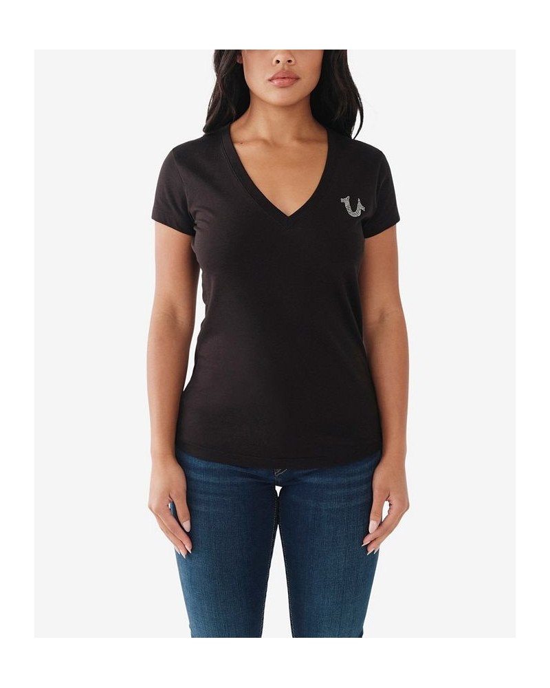 Women's Short Sleeve Crystal Logo V-Neck T-shirt Jet Black $20.81 Tops