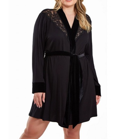 Layna Plus Size Velore and Velvet Lace Trimmed Self Tie Robe Black $70.56 Sleepwear