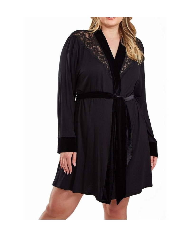 Layna Plus Size Velore and Velvet Lace Trimmed Self Tie Robe Black $70.56 Sleepwear