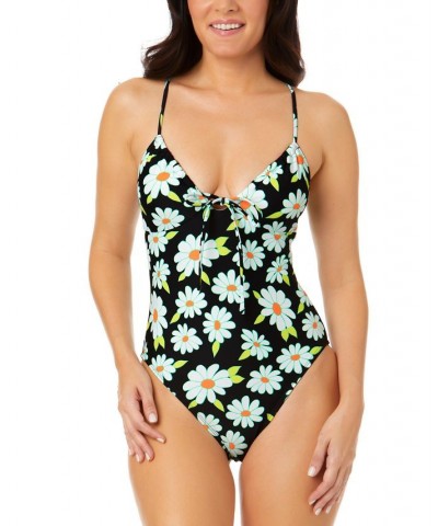 Juniors' Daisy Dance Tie-Front One-Piece Swimsuit Black Multi $22.55 Swimsuits