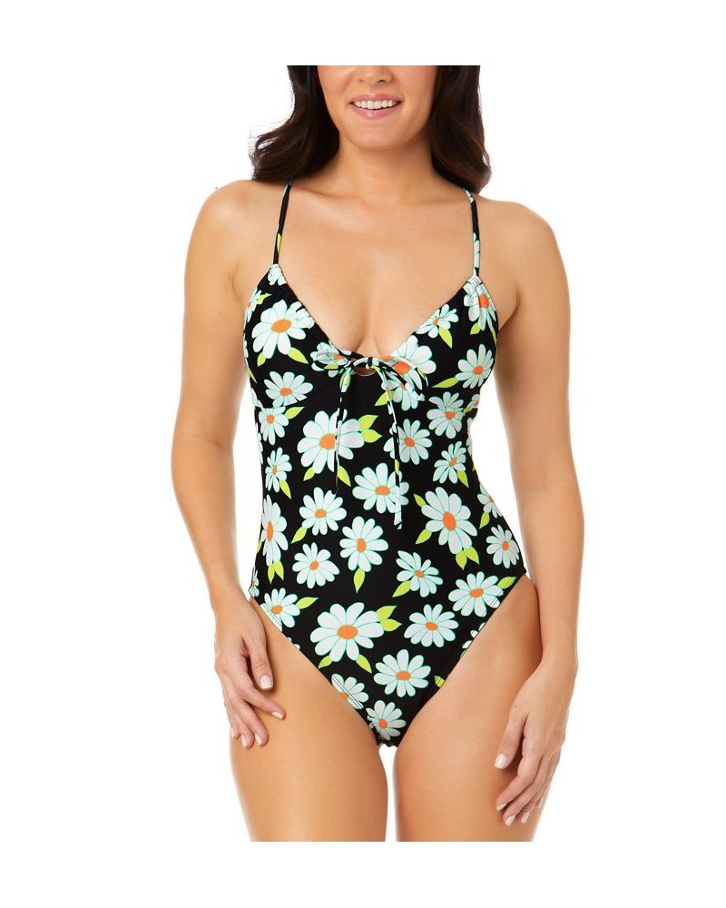 Juniors' Daisy Dance Tie-Front One-Piece Swimsuit Black Multi $22.55 Swimsuits