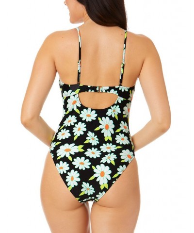 Juniors' Daisy Dance Tie-Front One-Piece Swimsuit Black Multi $22.55 Swimsuits