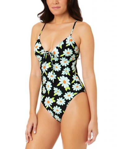 Juniors' Daisy Dance Tie-Front One-Piece Swimsuit Black Multi $22.55 Swimsuits