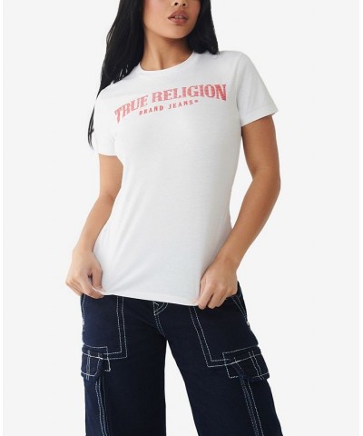 Women's Short Sleeve Arched Logo Crew T-shirt White $21.34 Tops