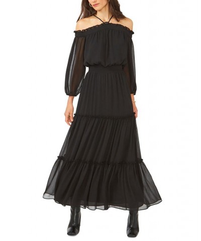 Women's Smocked Waist Halter Long Sleeve Maxi Dress Rich Black $29.67 Dresses