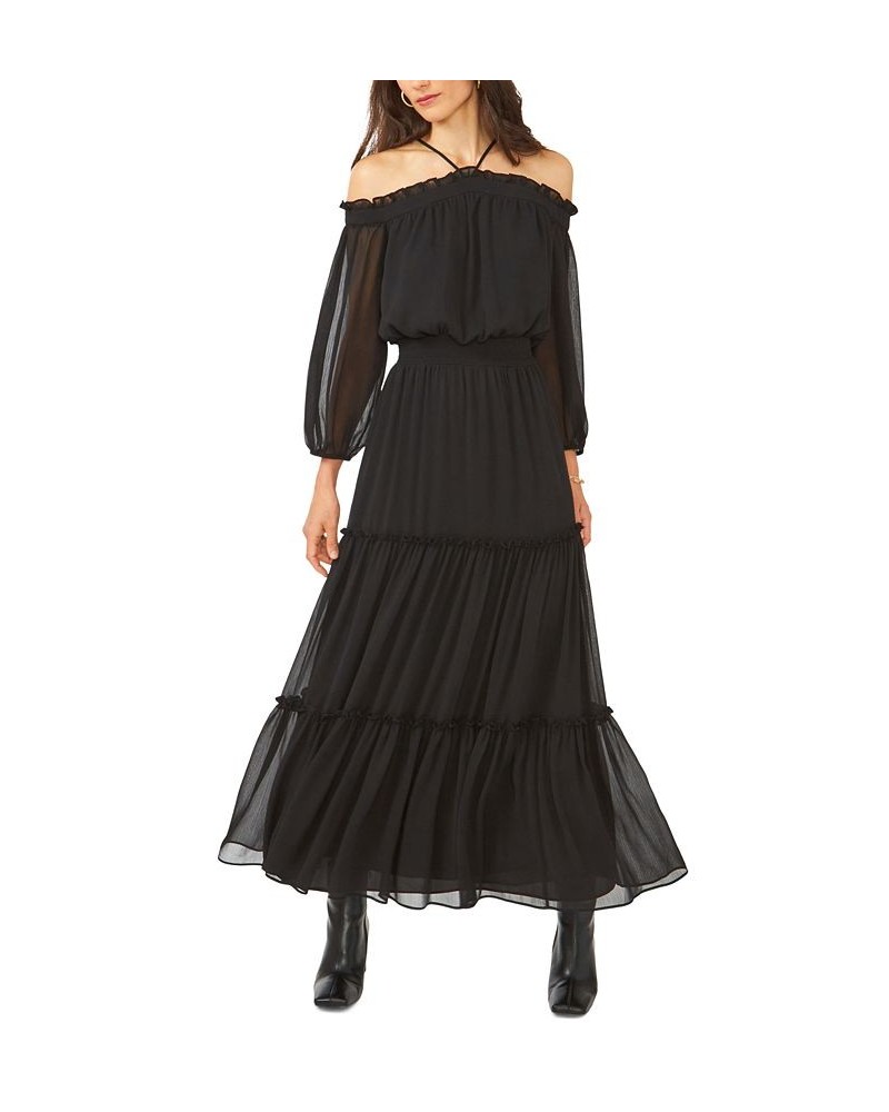 Women's Smocked Waist Halter Long Sleeve Maxi Dress Rich Black $29.67 Dresses