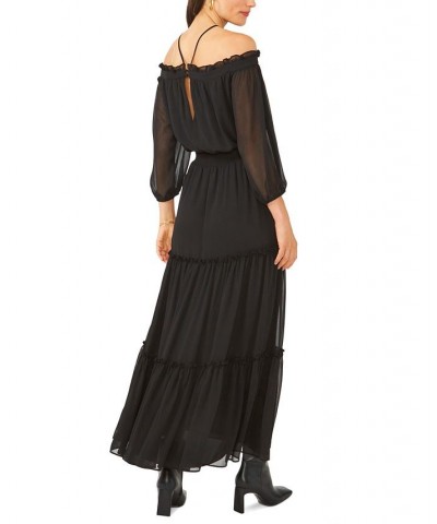 Women's Smocked Waist Halter Long Sleeve Maxi Dress Rich Black $29.67 Dresses